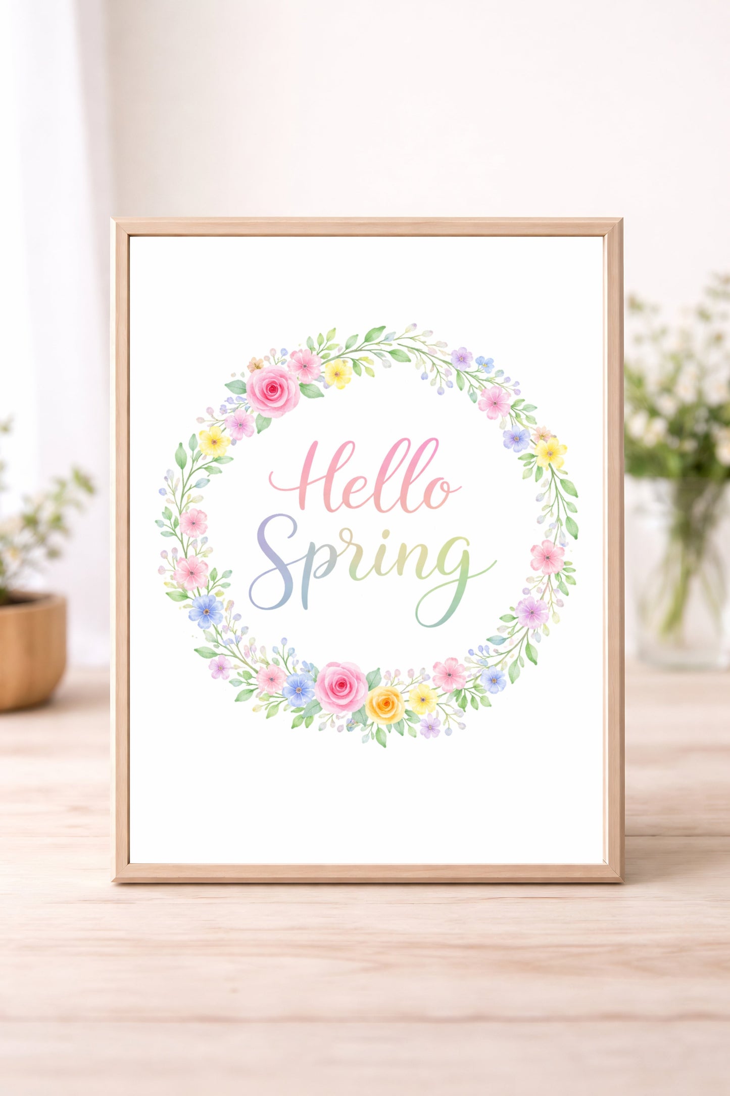 Hello Spring Floral Wreath Wall Art – Pastel Spring Quote Print, Watercolour Flower Home Decor