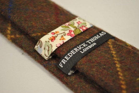 chocolate brown, blue and yellow check tweed wool tie