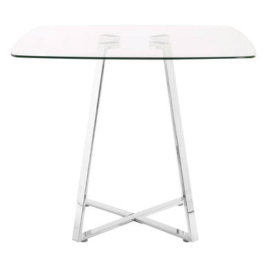 Clear Glass Square Dining Table with Silver Finish Metal Base, Metropolitan