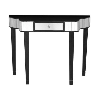 Black Mirrored Panel Top Console Table with 1 Drawer and Cunninghamia Wood Legs, Clavier