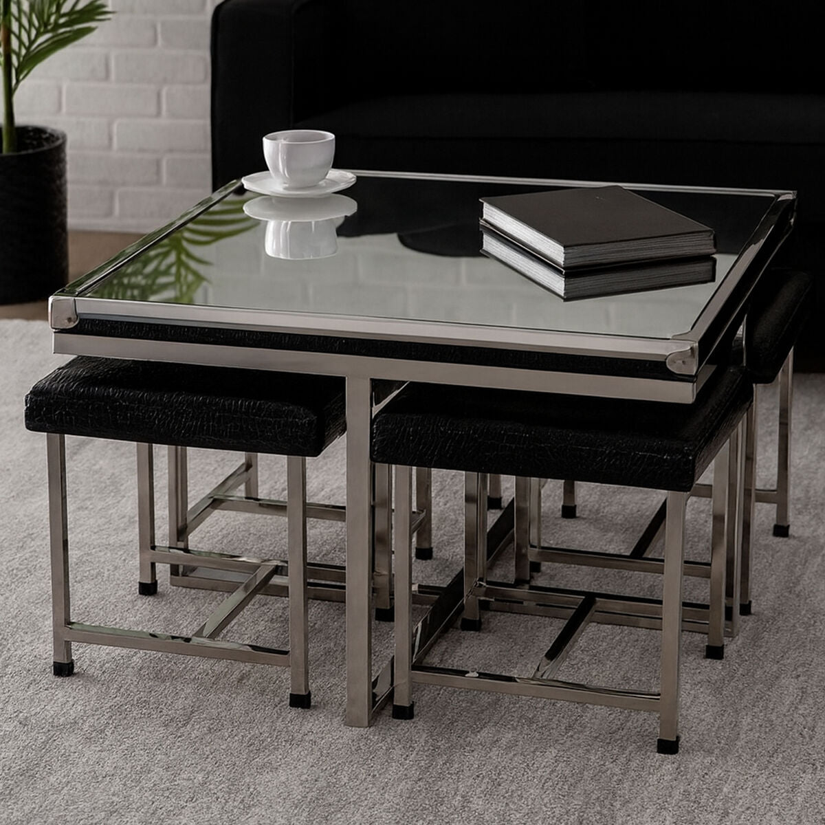 Silver 5 Piece Square Coffee Table and Stool Set with Crocodile Leather Effect, Carla