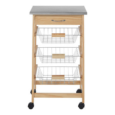 Silver Pinewood Kitchen Trolley with Drawer and Baskets Glenn | Harlow