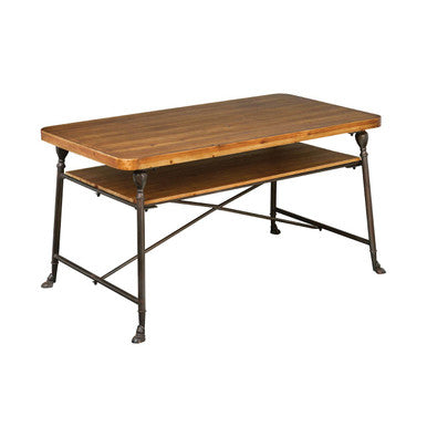 Natural Fir Wood Top Industrial Dining Table with Lower Shelf and Black Metallic Legs, Foundry
