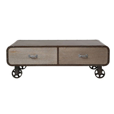 Natural Grain Finish Coffee Table with 2 Storage Drawers and 4 Wheels, Village Loft