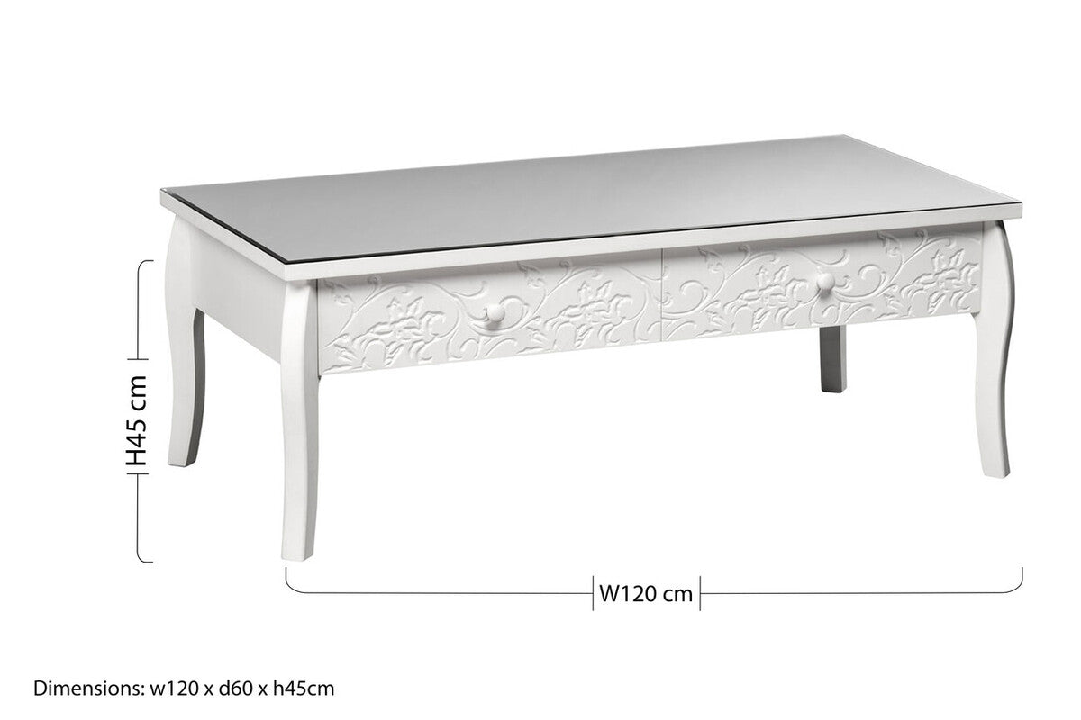 White Glass Top Storage Coffee Table with 2 Drawers | Chamonix