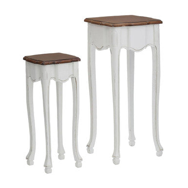 Set of 2 Brown Wood Top Accent Tables with White High Gloss Finish Legs | Serena