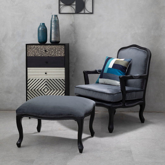 Rococo Grey Velvet Chair And Footstool