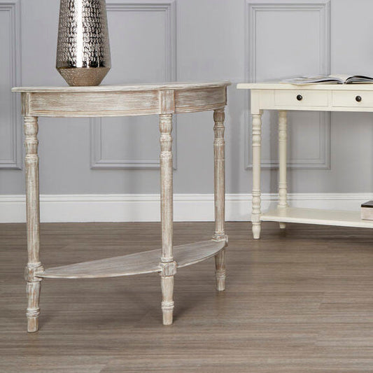 Heritage Natural Wooden Half Moon Console Table with Lower Shelf
