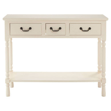 White Ivory Wooden 3-Drawer Console Table with Bevelled Top and Bottom Shelf, Heritage