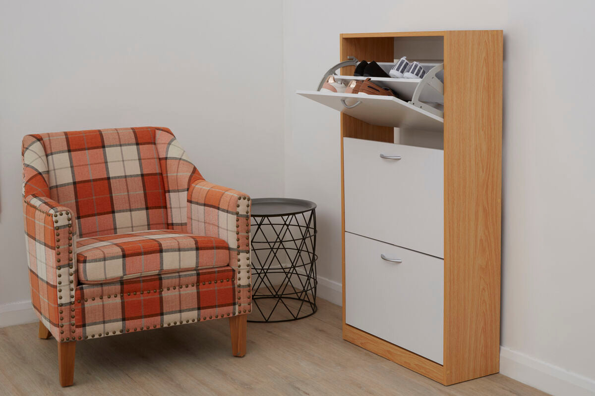 White and Oak Veneer 3 Drawer Shoe Cupboard | Quinn