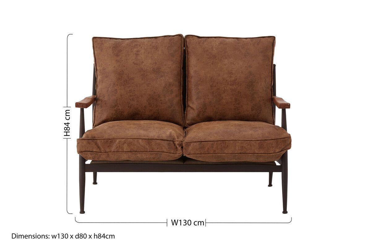 Brown Leather Effect 2 Seater Sofa with Wood Frame | New Foundry