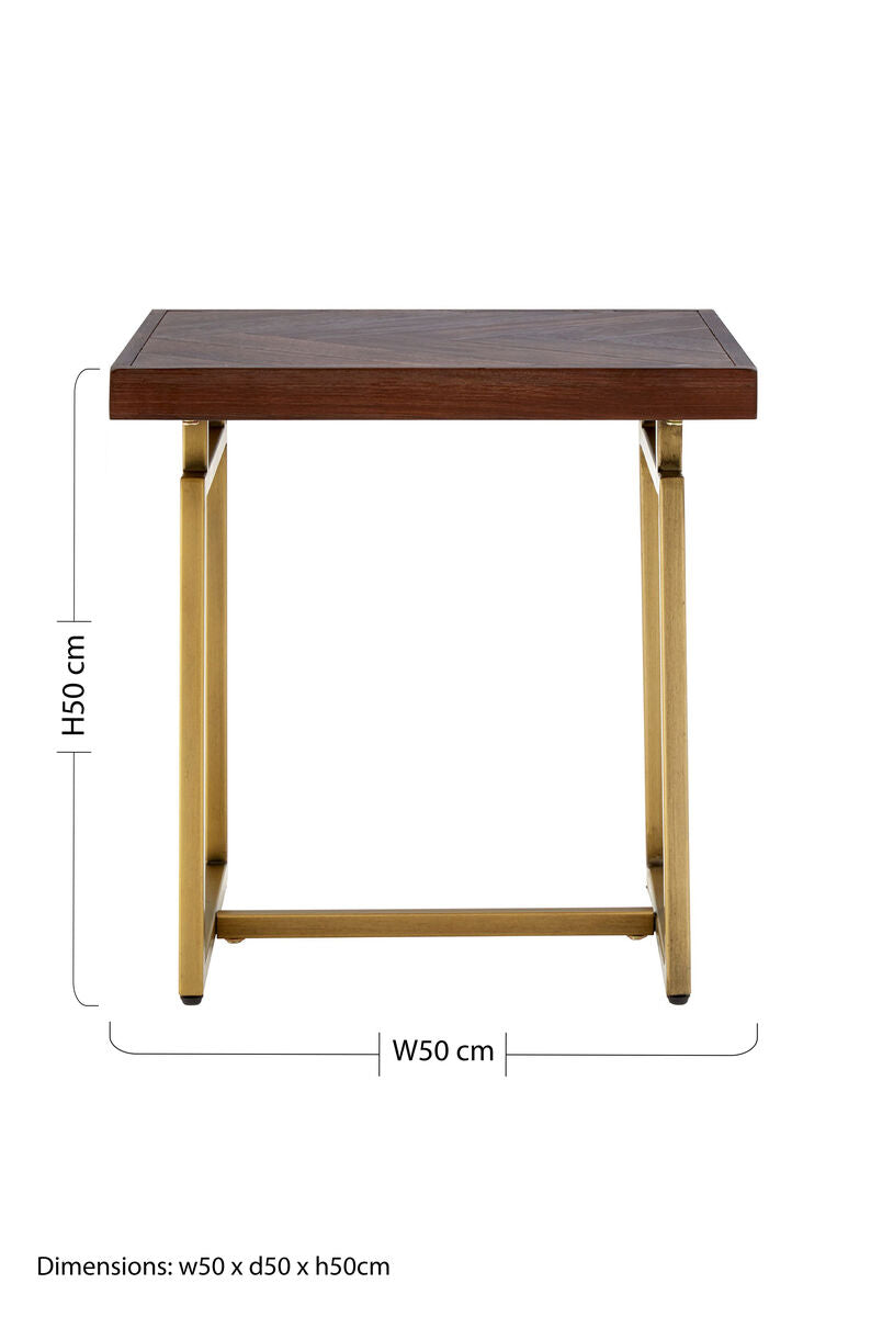 Brown Acacia Wood Effect Herringbone Engraved Side Table Antique Brass Metal Frame, Brando