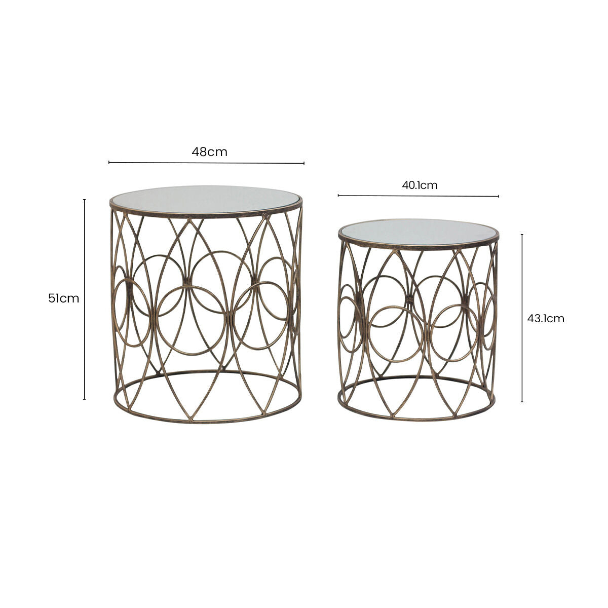 Set of 2 Antique Finish Frame Side Tables with Round Mirrored Top, Avantis