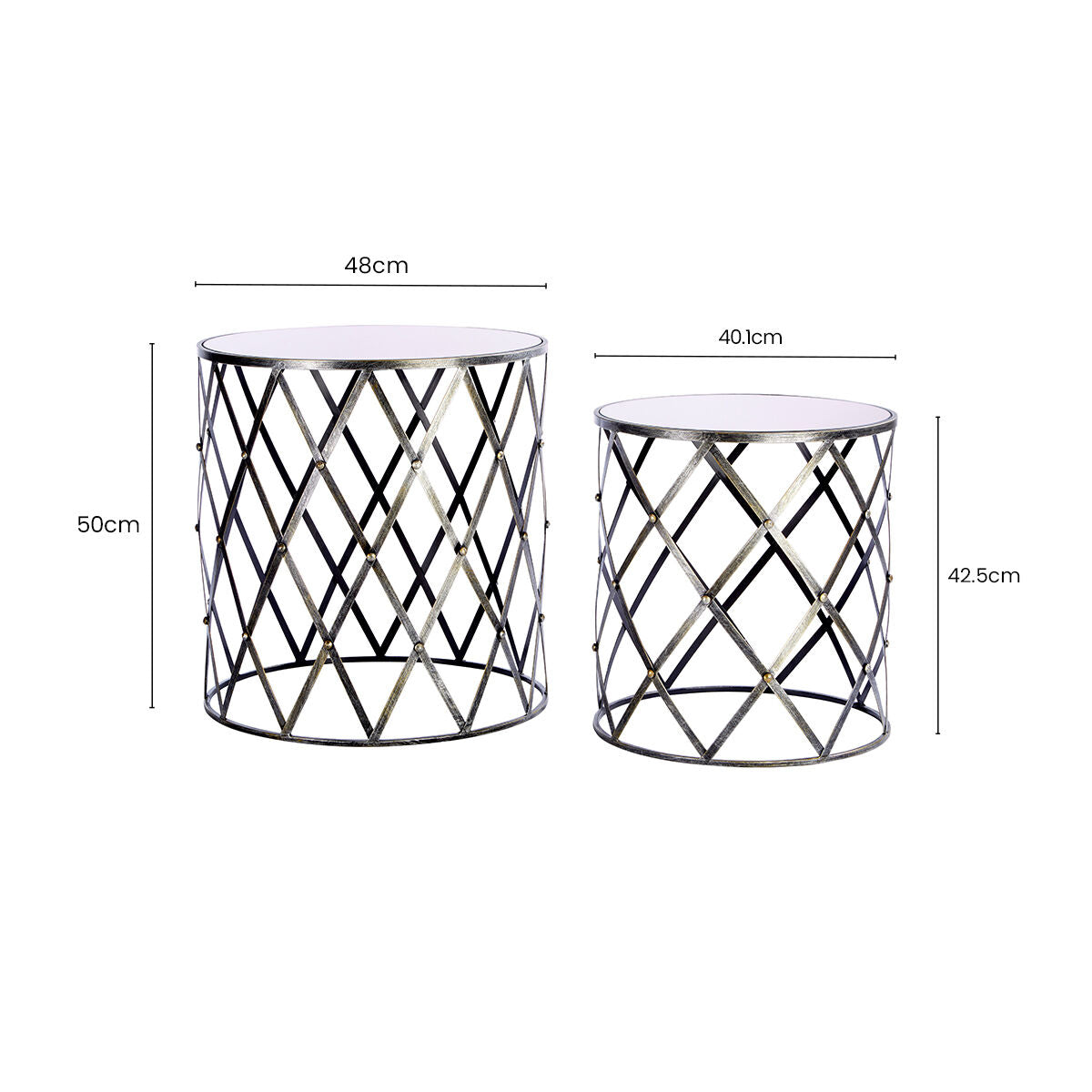 Set of 2 Diamond Design Silver Frame Side Tables with Round Mirrored Top | Avantis