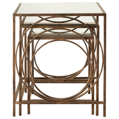 Mirrored Glass Top Nest of 3 Tables with Bronze Finish Metal Frame, Avantis
