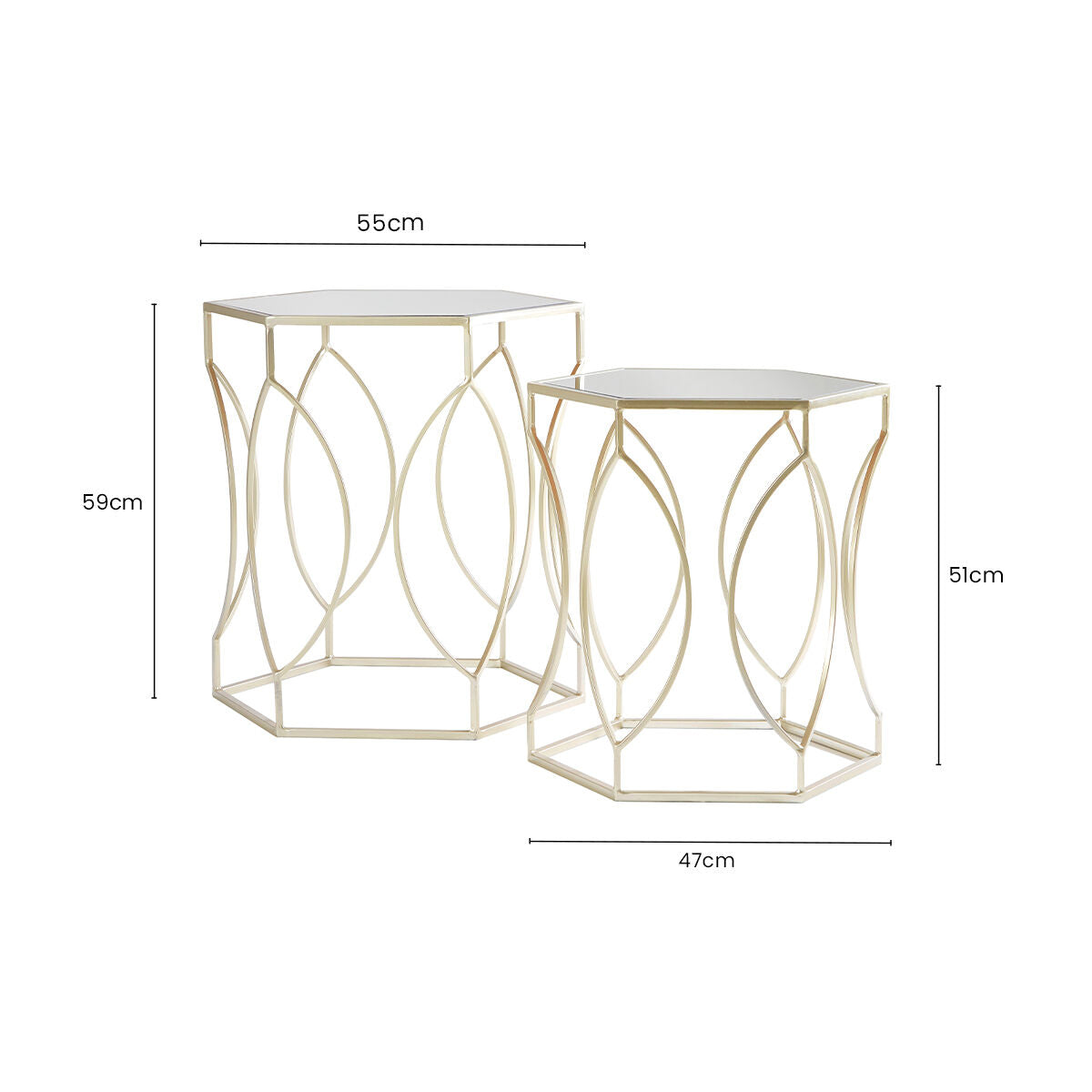 Set of 2 Hexagon Gold Champagne Finish Frame Side Tables with Mirrored Glass Top | Avantis