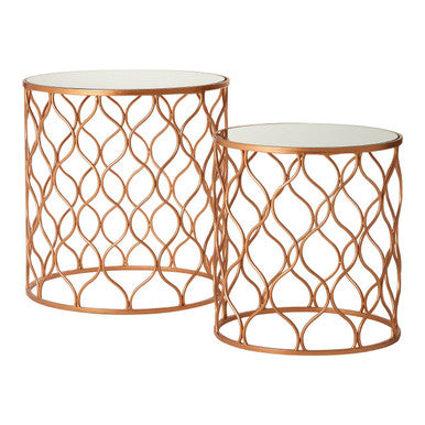 Set of 2 White Mirrored Top and Gold Copper Base Tables, Avantis
