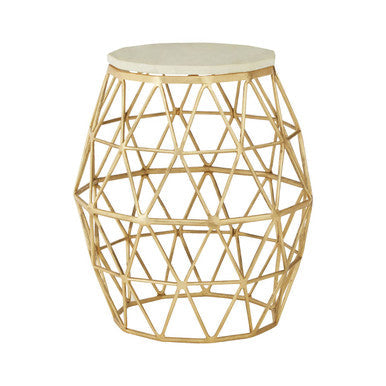 White Marble Top Side Table with Geometric Gold Finish Stone Frame | Templar
