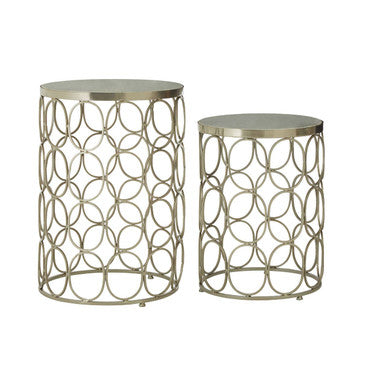Set of 2 White Marble Top Side Tables with Gold Nickel Finish Metal Base, Templar