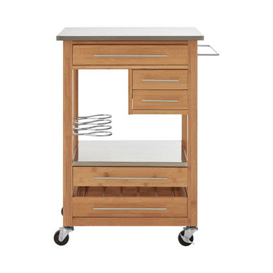 Natural Bamboo Four Drawer Kitchen Trolley with Stainless Steel Worktop, Harlow