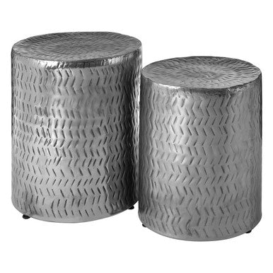 Templar Silver Iron Set of 2 Side Tables and Stools with Chevron Pattern