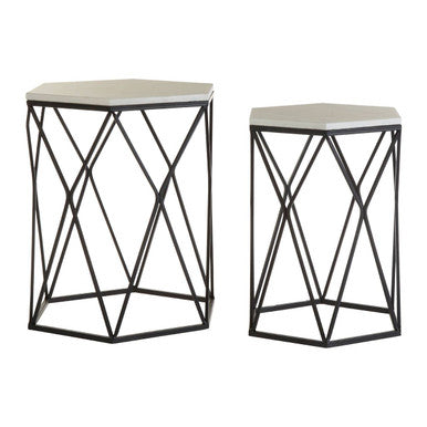 White Marble Top and Black Metal Frame Set of 2 Hexagonal Side Tables | Arcana