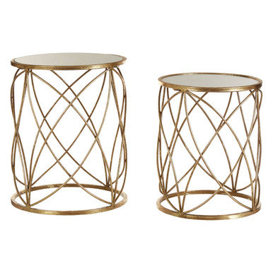 Set of 2 Round Mirrored Glass Top Side Tables with Gold Metal Frame, Arcana