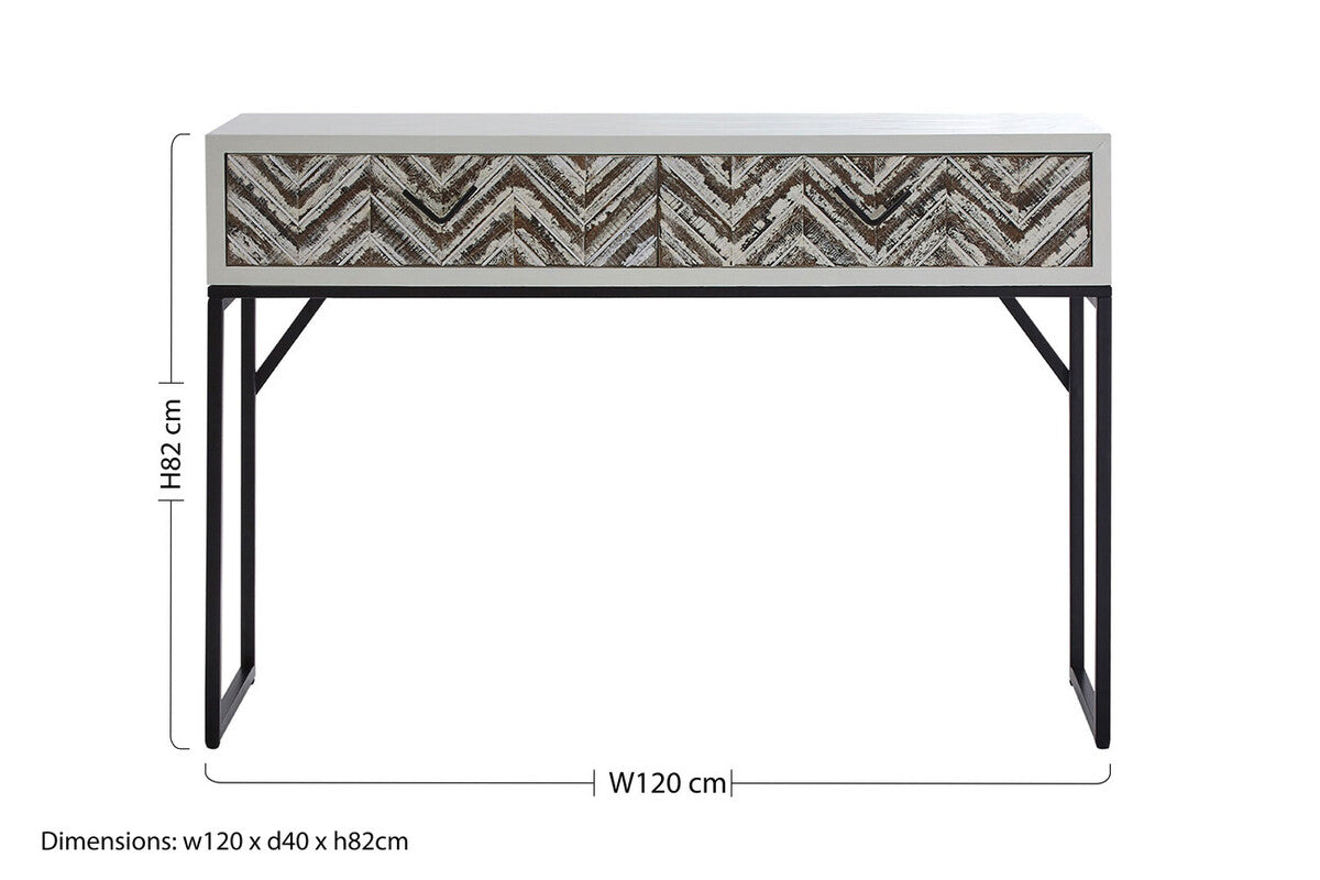 Natural Wood 2-Drawer Console Table with Geometric Assorted Front and Black Metal Legs | Lombok