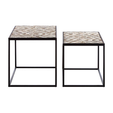Set of 2 Natural Wood Geometric Top Side Tables with Black Metal Frame, Lombok