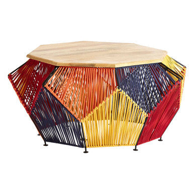 Multicoloured Woven Hexagon Base Coffee Table with Mango Wood Top, Fusion