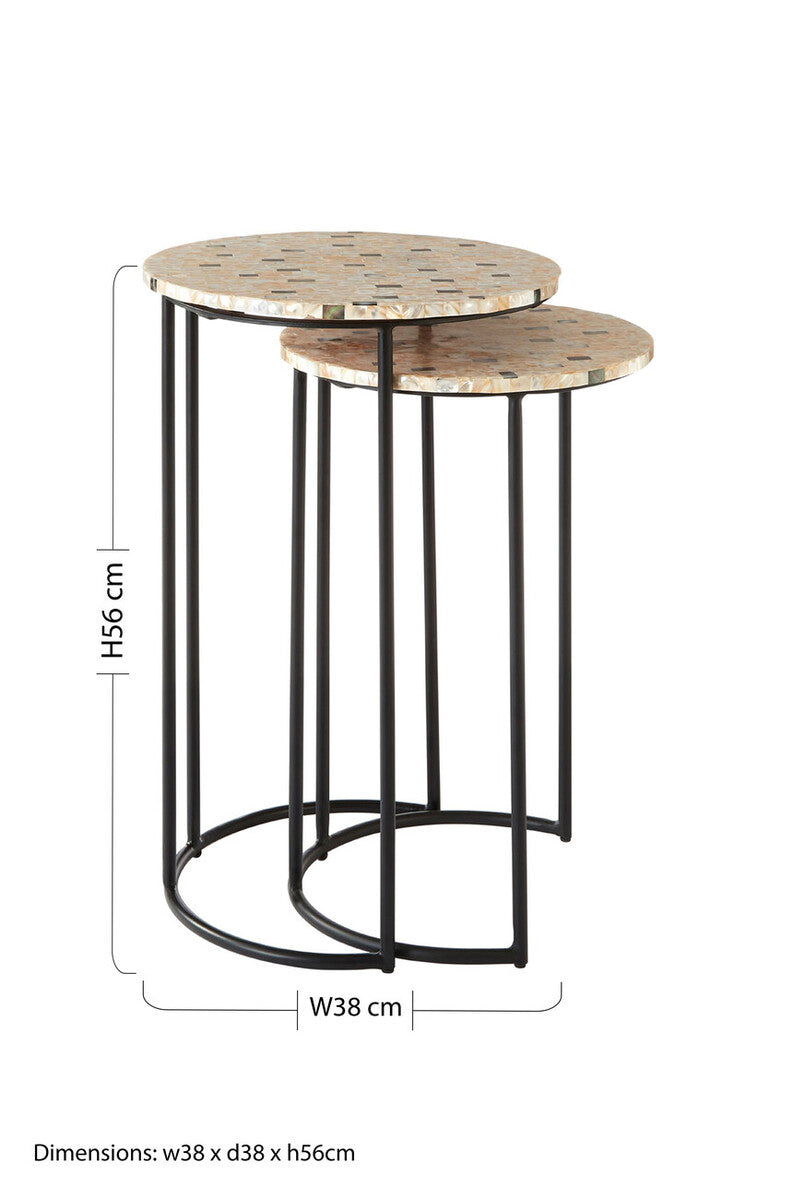 Set of 2 Mother of Pearl Mosaic Nesting Side Tables with Black Iron Legs | Halle
