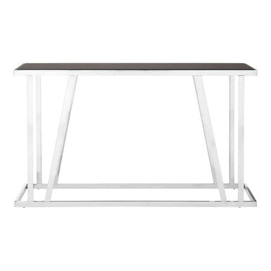 Black Tempered Glass Top Console Table with Reflective Chrome Silver Steel Base | Ackley