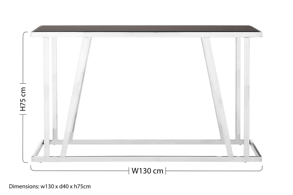 Black Tempered Glass Top Console Table with Reflective Chrome Silver Steel Base | Ackley