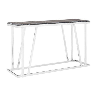 Black Marble Top Console Table with Reflective Silver Finish Stainless Steel Frame | Ackley