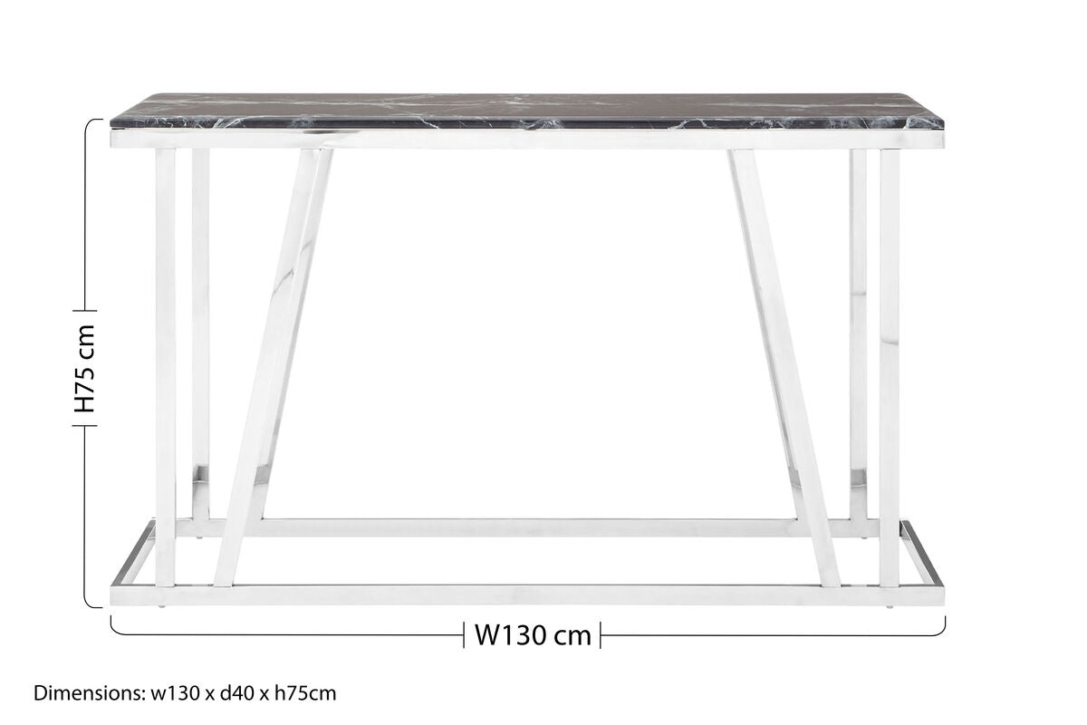 Black Marble Top Console Table with Reflective Silver Finish Stainless Steel Frame | Ackley