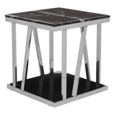 Black Marble Top Side Table with Silver Reflective Stainless Steel Base | Ackley