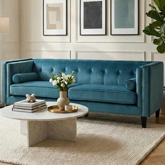 3 Seater Teal Blue Velvet Sofa, Felisa