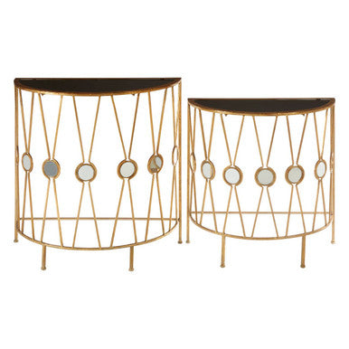 Set of 2 Black Glass Tops Console Tables with Gold Finish Cross Frame | Faiza