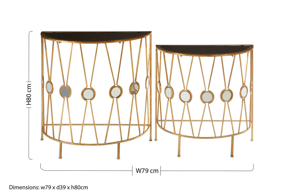 Set of 2 Black Glass Tops Console Tables with Gold Finish Cross Frame | Faiza