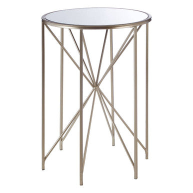 Round Mirrored Side Table with Champagne Geometric Base | Arcana