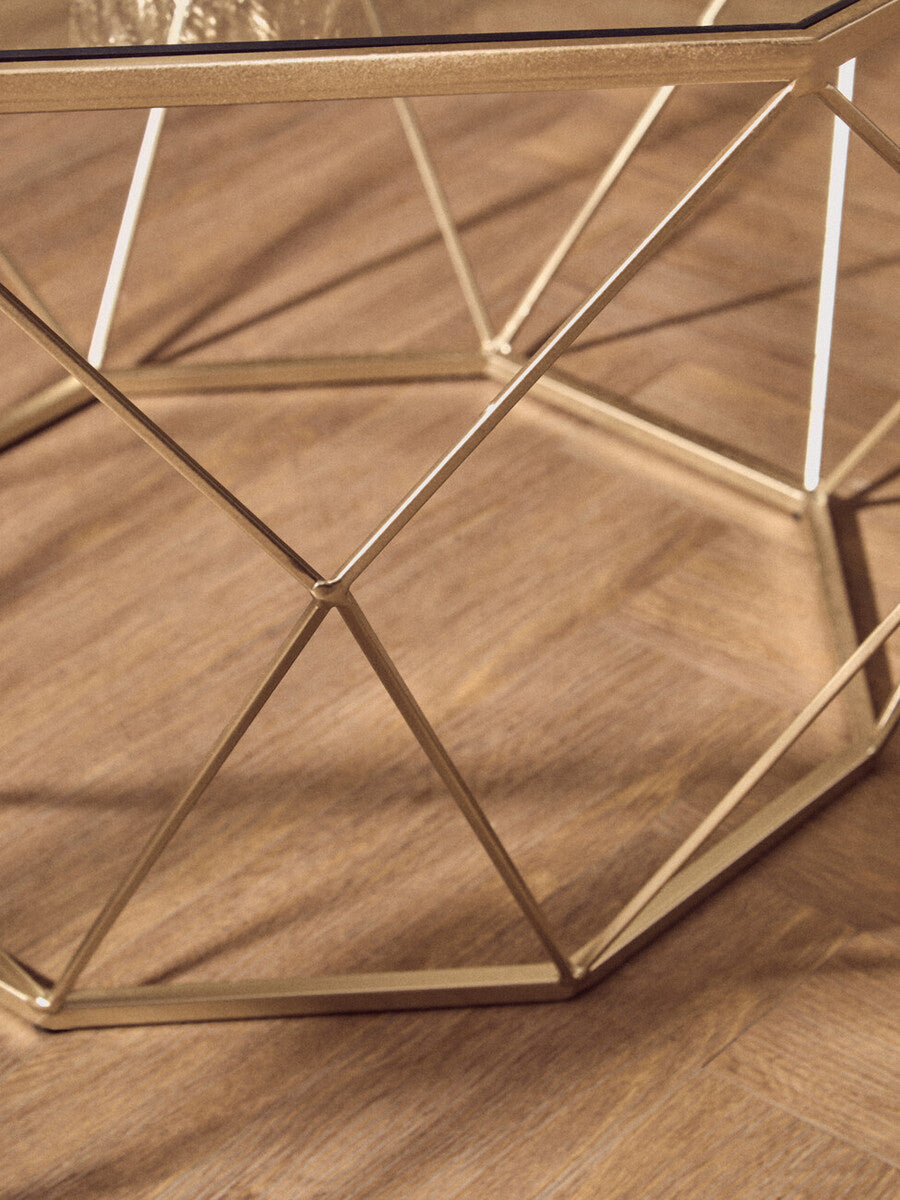 Set of 2 Gold Finish Geometric Design Side Tables with Tempered Glass Top | Arcana