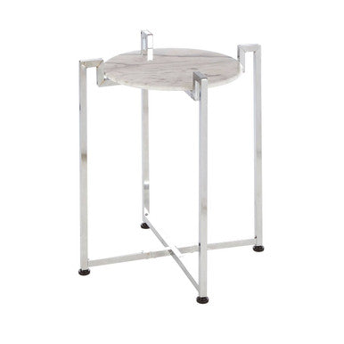 White Marble Top Side Table with Angular Chrome Metal Frame | Cibal