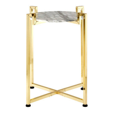 White Marble Top Side Table with Angular Gold Finish Metal Frame | Cibal