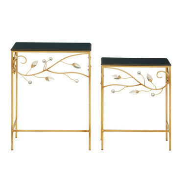 Set of 2 Black Wooden Top Tables with Gold Metal Frame | Yaxi