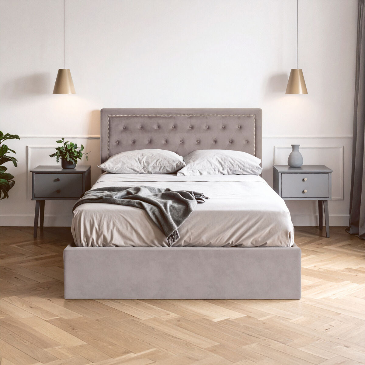 Hannah Grey Velvet Ottoman Double Bed