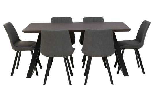 Brown Wooden Top and Metal Legs Dining Table with 6 Grey Chairs Set, Westford