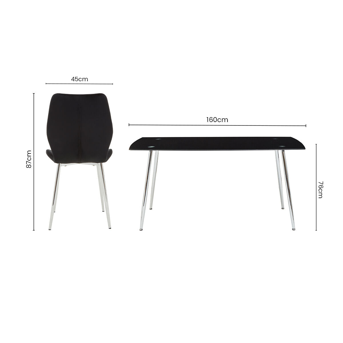 Black Tempered Glass Top and Silver Frame Dining Table with 6 Chairs Set | Wimslow