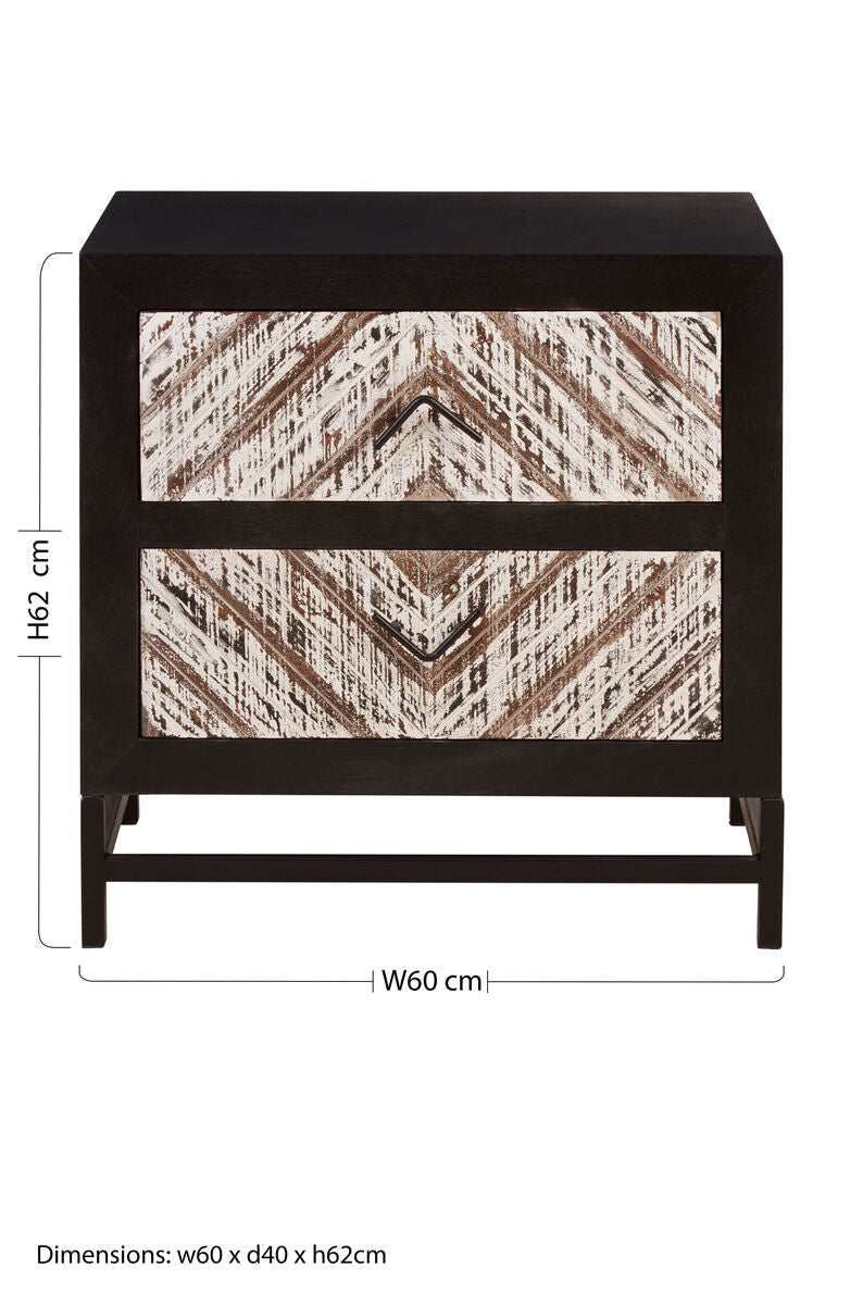 Black Wooden 2-Drawer Bedside Table with Chevron Pattern Drawer Fronts and Metal Handles | Lombok