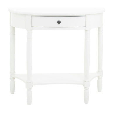 Half Moon White Wooden Console Table with One Drawer and Lower Shelf, Heritage