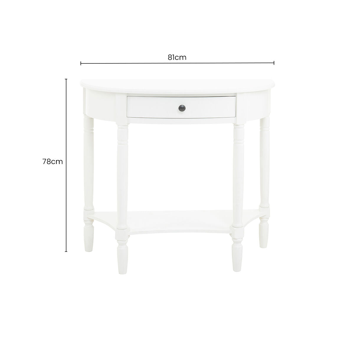 Half Moon White Wooden Console Table with One Drawer and Lower Shelf | Heritage